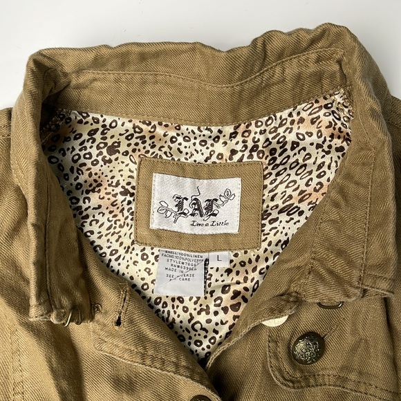 Live A Little Camel Linen Corduroy 3/4 Length Sleeves Button Up Belted Jacket L - Picture 4 of 9